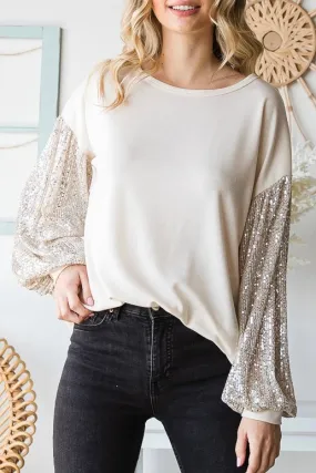 Holiday Sequin Balloon Sleeve Top- Cream/Taupe