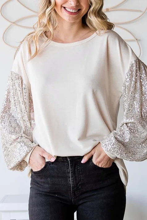 Holiday Sequin Balloon Sleeve Top- Cream/Taupe