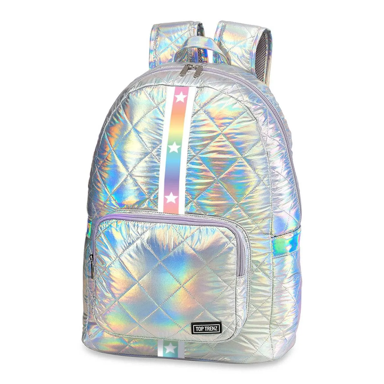 Iridescent Diamond Stitch Puffer Backpack Gradient Star Straps