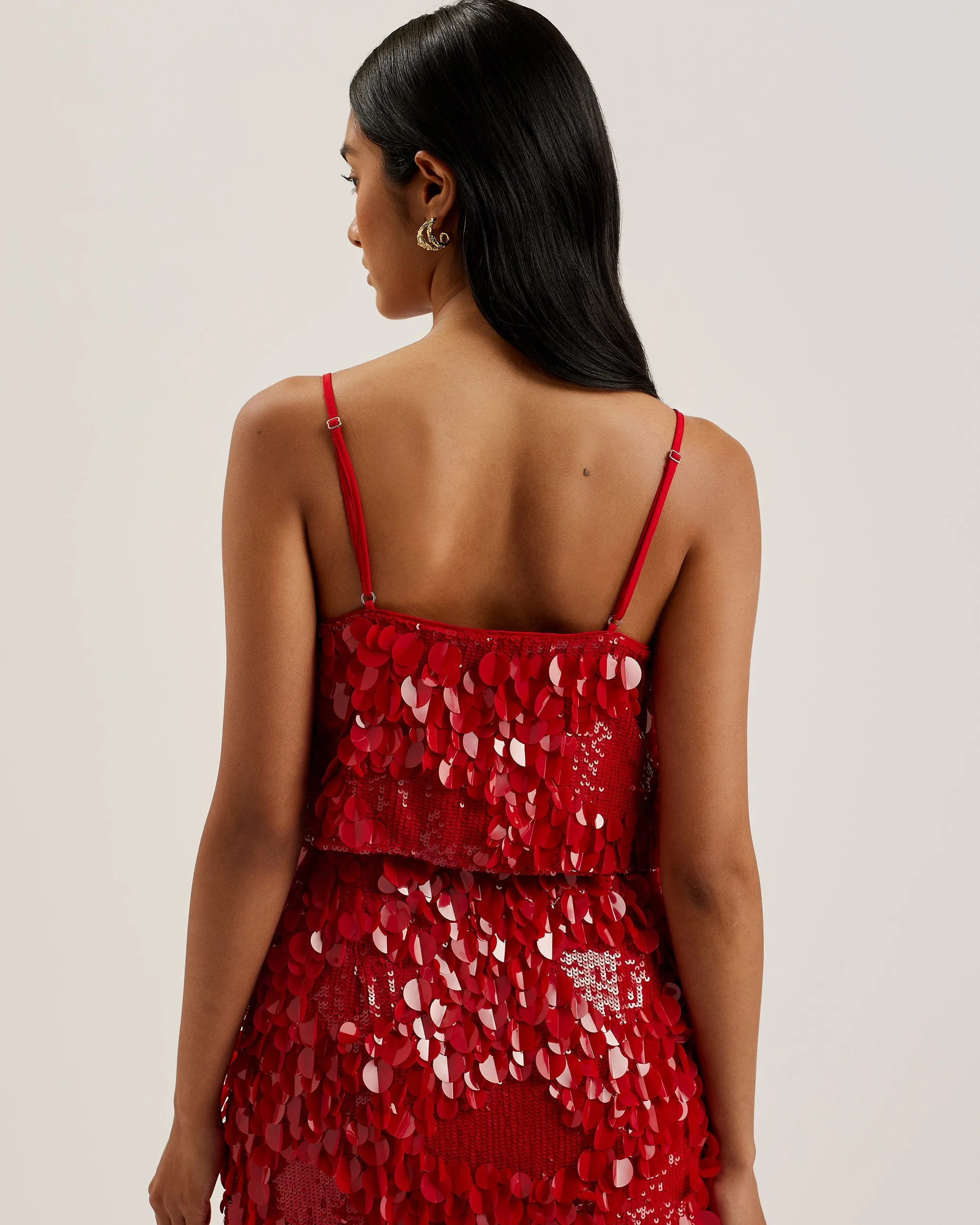 Jalenda Mixed Sequin Cropped Cami Top Red