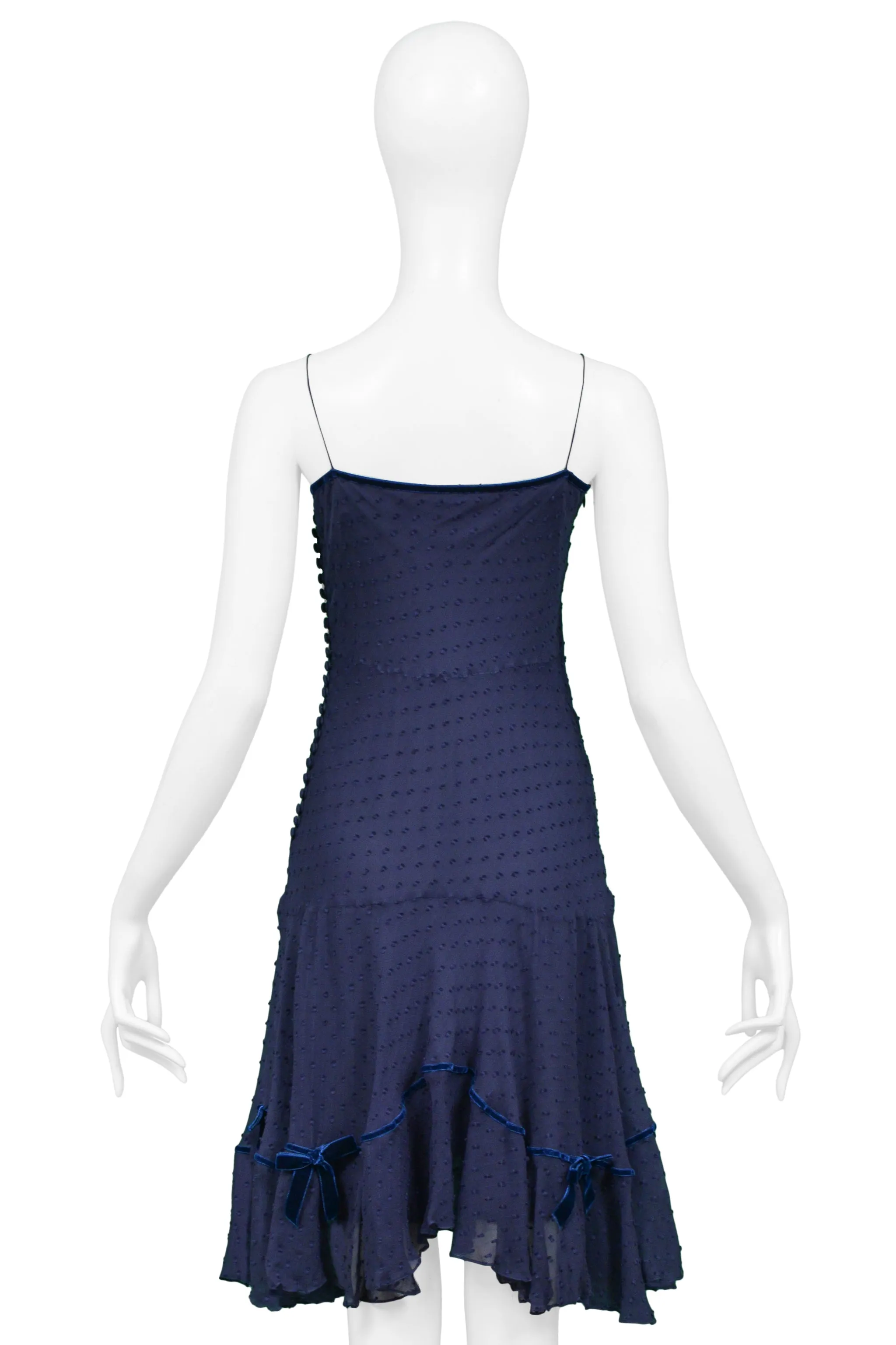 JOHN GALLIANO NAVY BLUE SWISS DOT SILK SLIP DRESS WITH BLUE VELVET BOWS