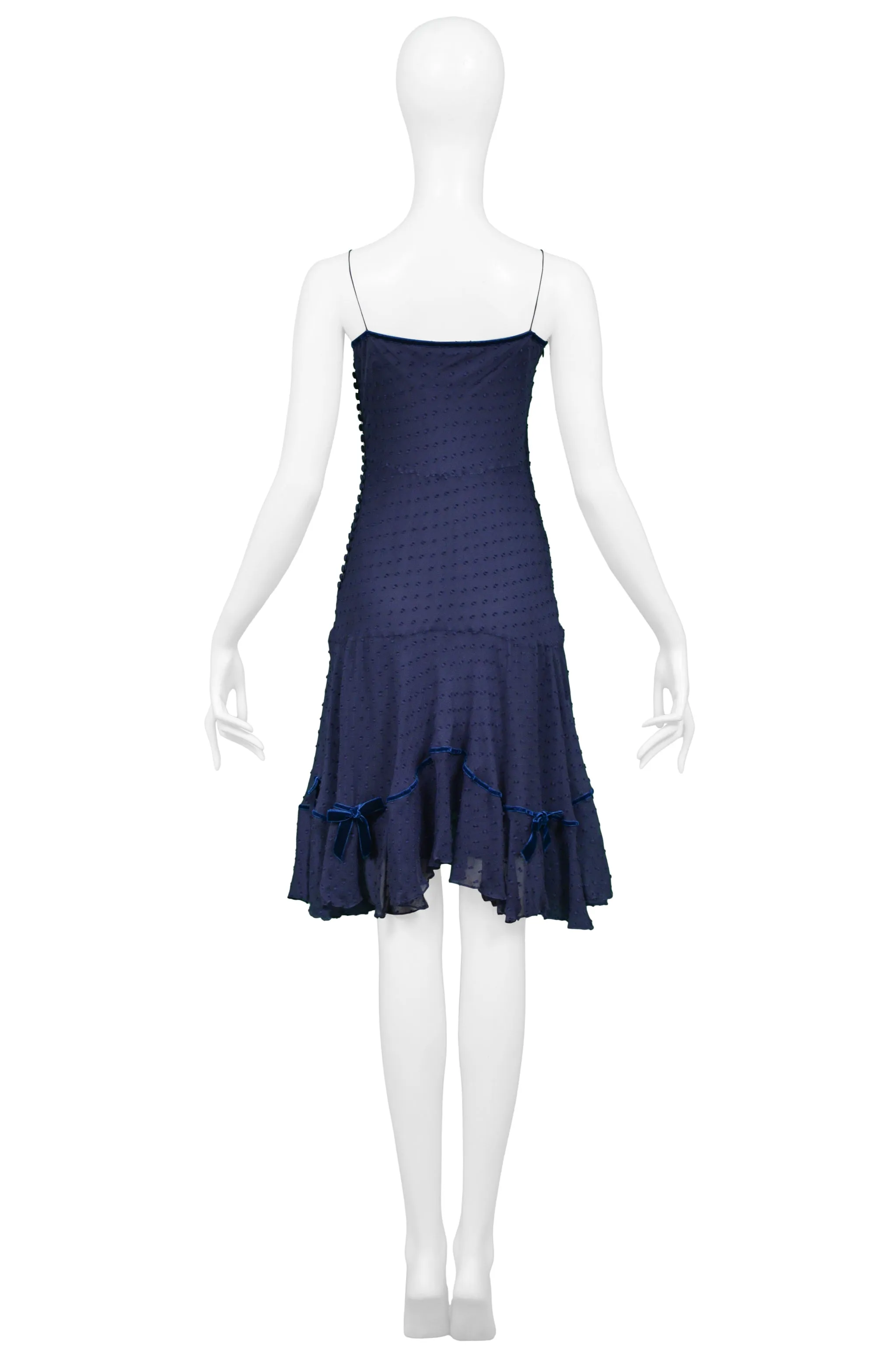 JOHN GALLIANO NAVY BLUE SWISS DOT SILK SLIP DRESS WITH BLUE VELVET BOWS