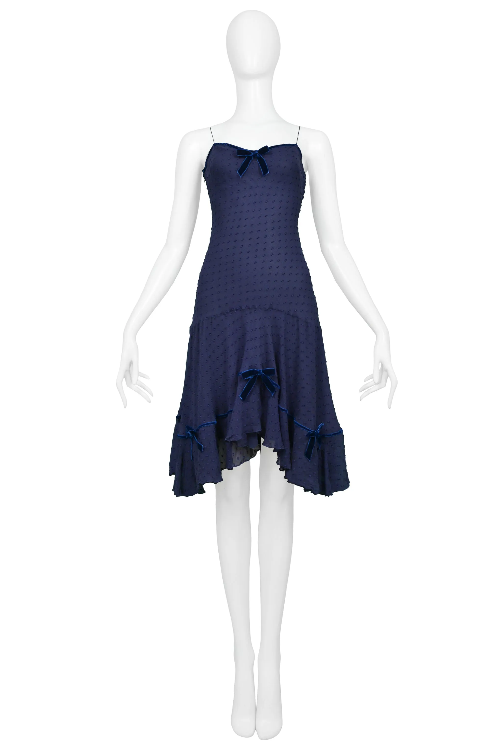 JOHN GALLIANO NAVY BLUE SWISS DOT SILK SLIP DRESS WITH BLUE VELVET BOWS