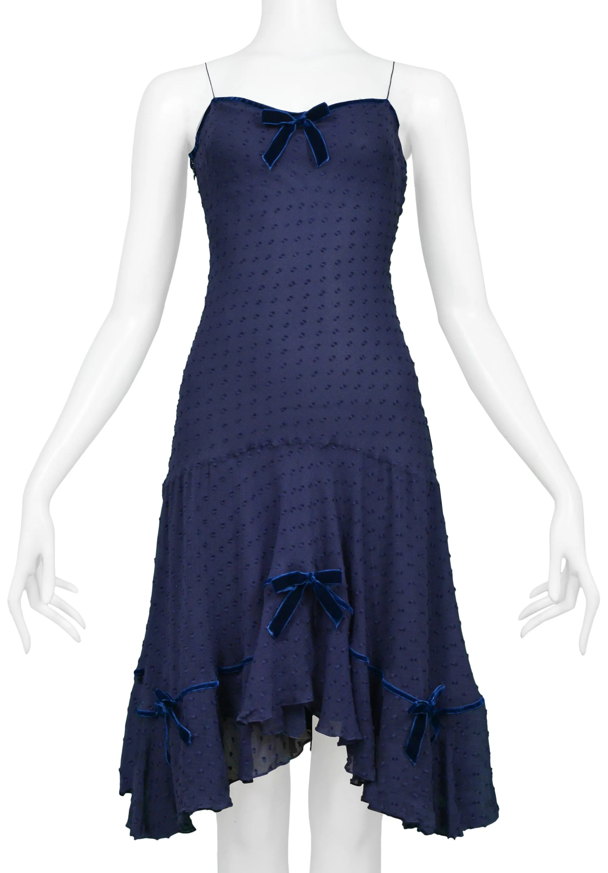 JOHN GALLIANO NAVY BLUE SWISS DOT SILK SLIP DRESS WITH BLUE VELVET BOWS