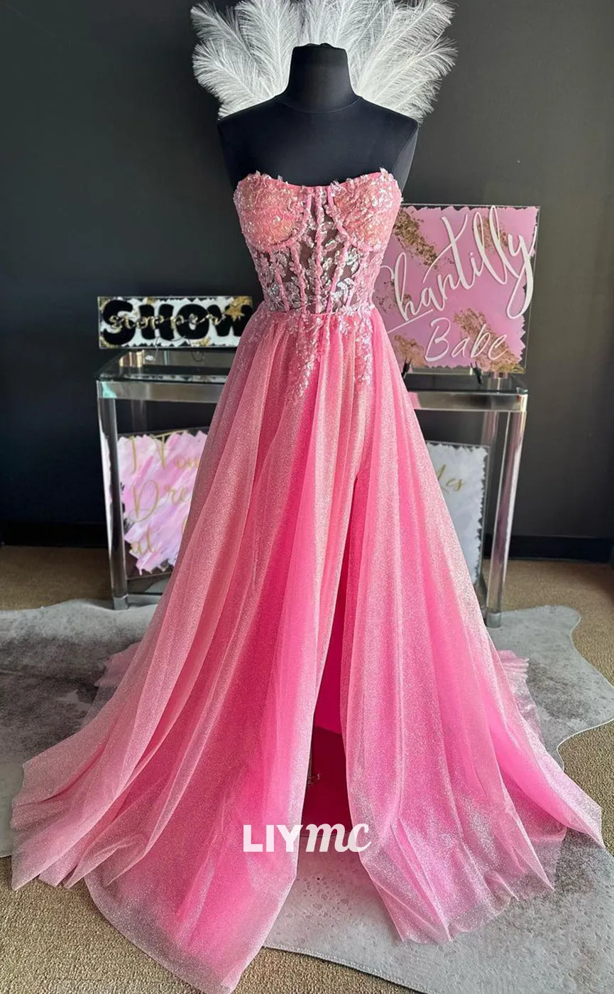 LP1160 - A Line Sweetheart Sequins Appliques Pink Long Formal Prom Dress