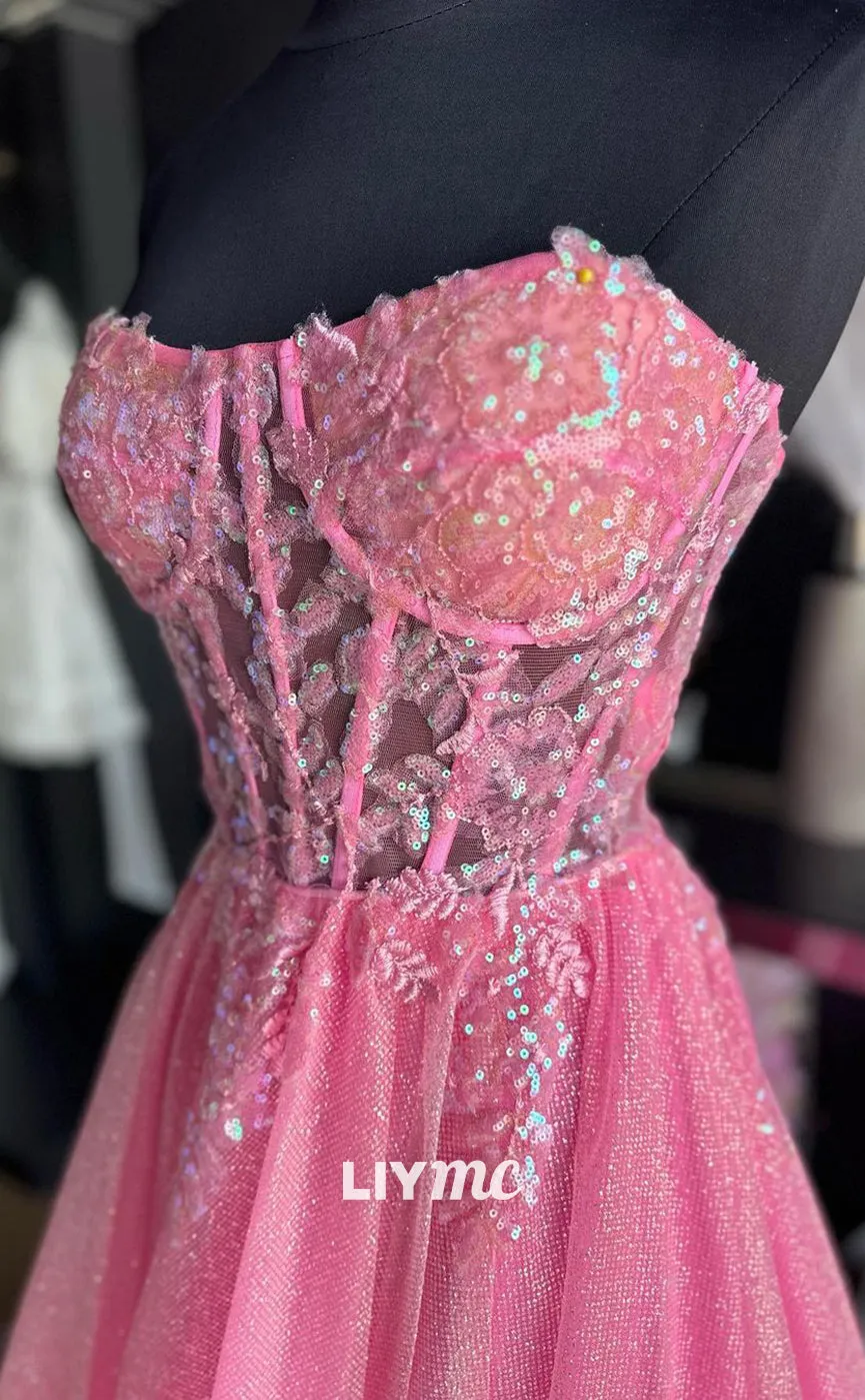 LP1160 - A Line Sweetheart Sequins Appliques Pink Long Formal Prom Dress