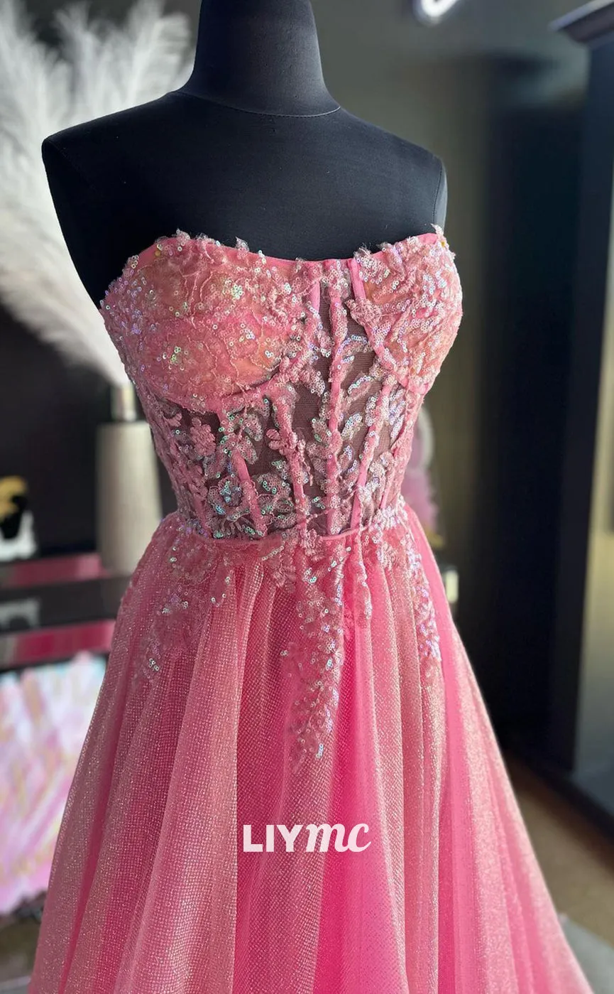 LP1160 - A Line Sweetheart Sequins Appliques Pink Long Formal Prom Dress