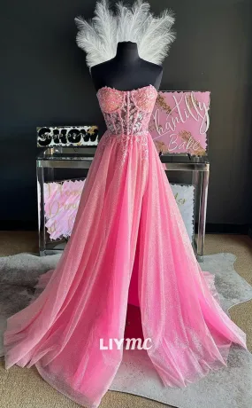 LP1160 - A Line Sweetheart Sequins Appliques Pink Long Formal Prom Dress