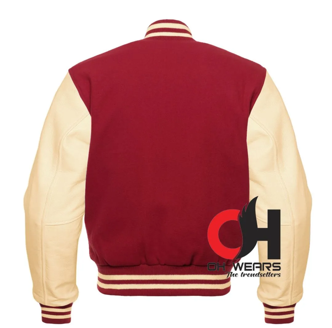 Maroon Wool and Genuine Cream Leather Sleeves Varsity Jacket