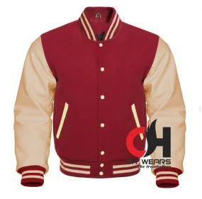 Maroon Wool and Genuine Cream Leather Sleeves Varsity Jacket