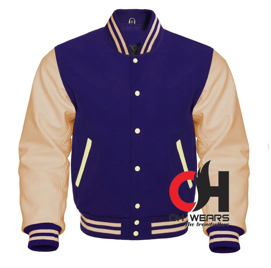 Navy Blue Wool and Genuine Cream Leather Sleeves Varsity Jacket Varsity