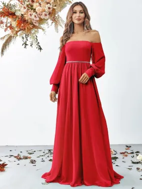 Off Shoulder Bishop Sleeves Chiffon Formal Dress