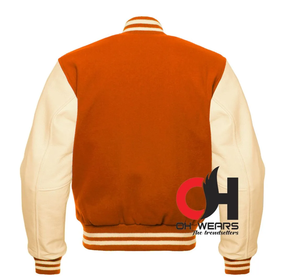 Orange Wool and Genuine Cream Leather Sleeves Varsity Jacket