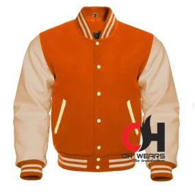 Orange Wool and Genuine Cream Leather Sleeves Varsity Jacket