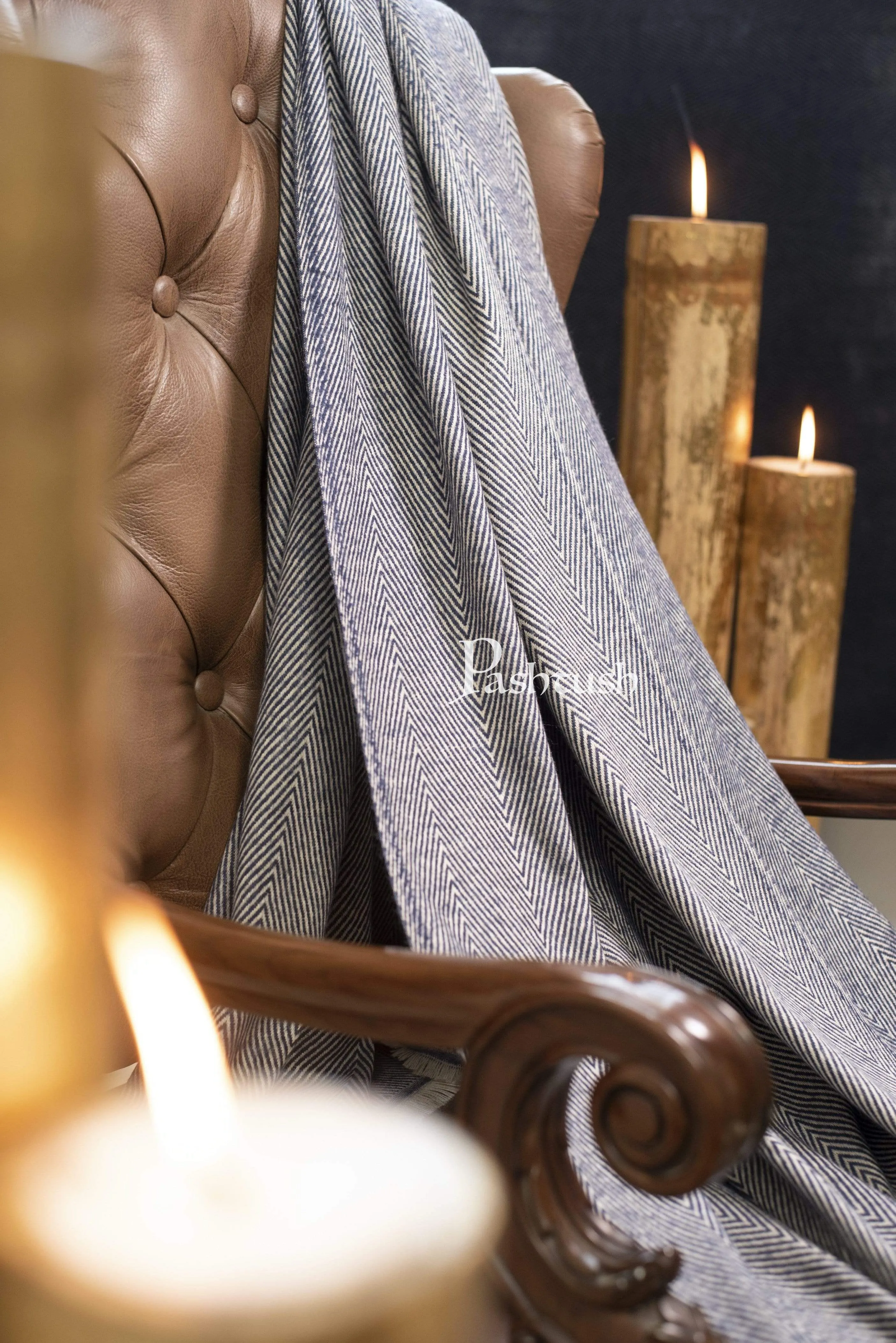 Pashtush Chevron Thick And Warm Woollen Throw, Warm Blue