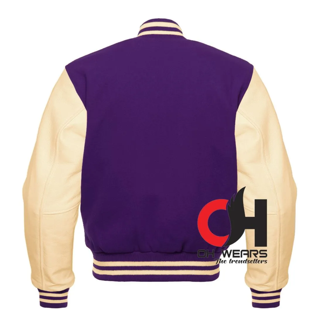 Purple Wool and Genuine Cream Leather Sleeves Varsity Jacket