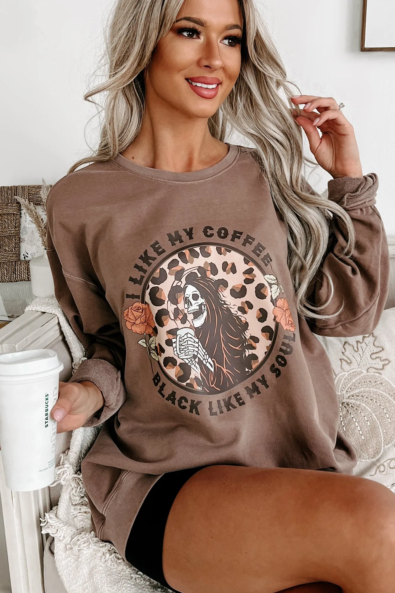 "Coffee, Black Like My Soul" Lightweight Graphic Crewneck (Espresso) - Print On Demand