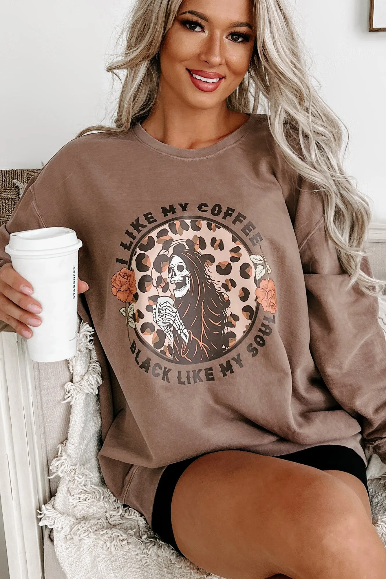 "Coffee, Black Like My Soul" Lightweight Graphic Crewneck (Espresso) - Print On Demand