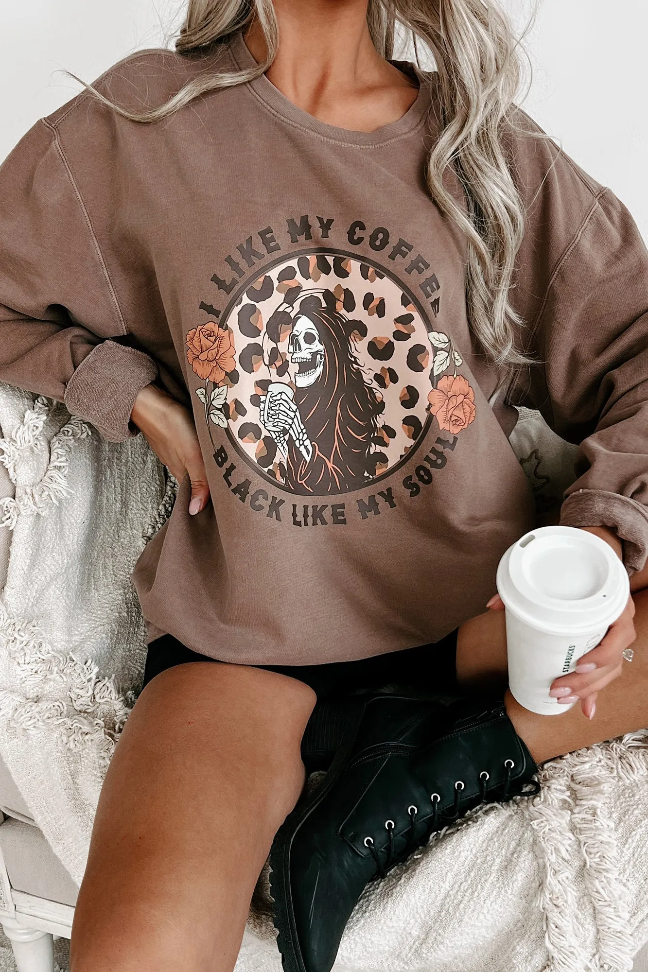 "Coffee, Black Like My Soul" Lightweight Graphic Crewneck (Espresso) - Print On Demand