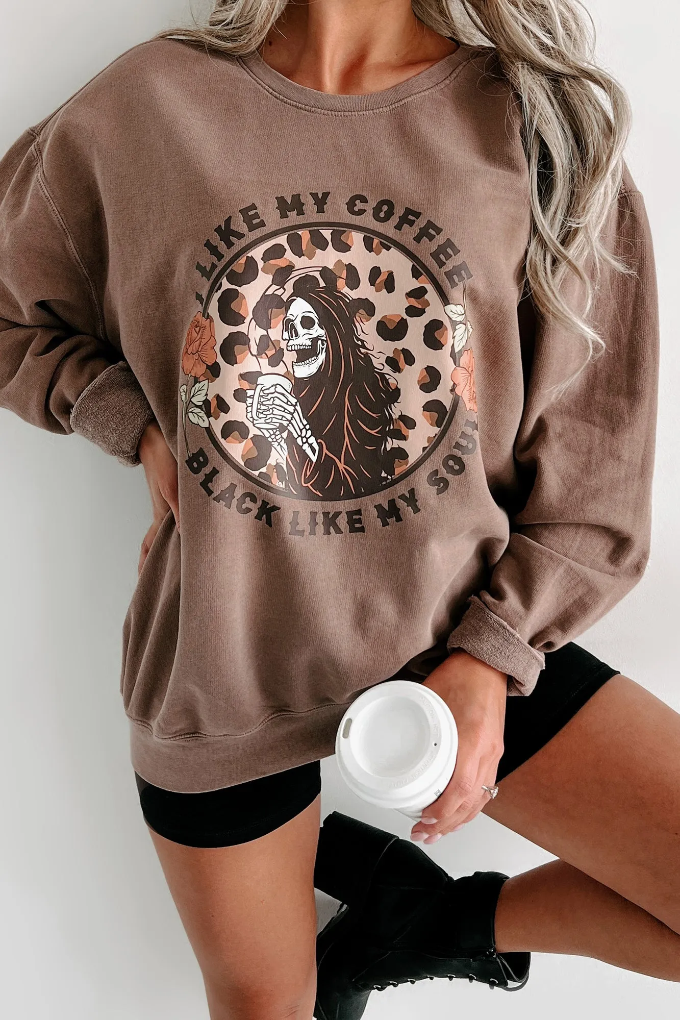 "Coffee, Black Like My Soul" Lightweight Graphic Crewneck (Espresso) - Print On Demand