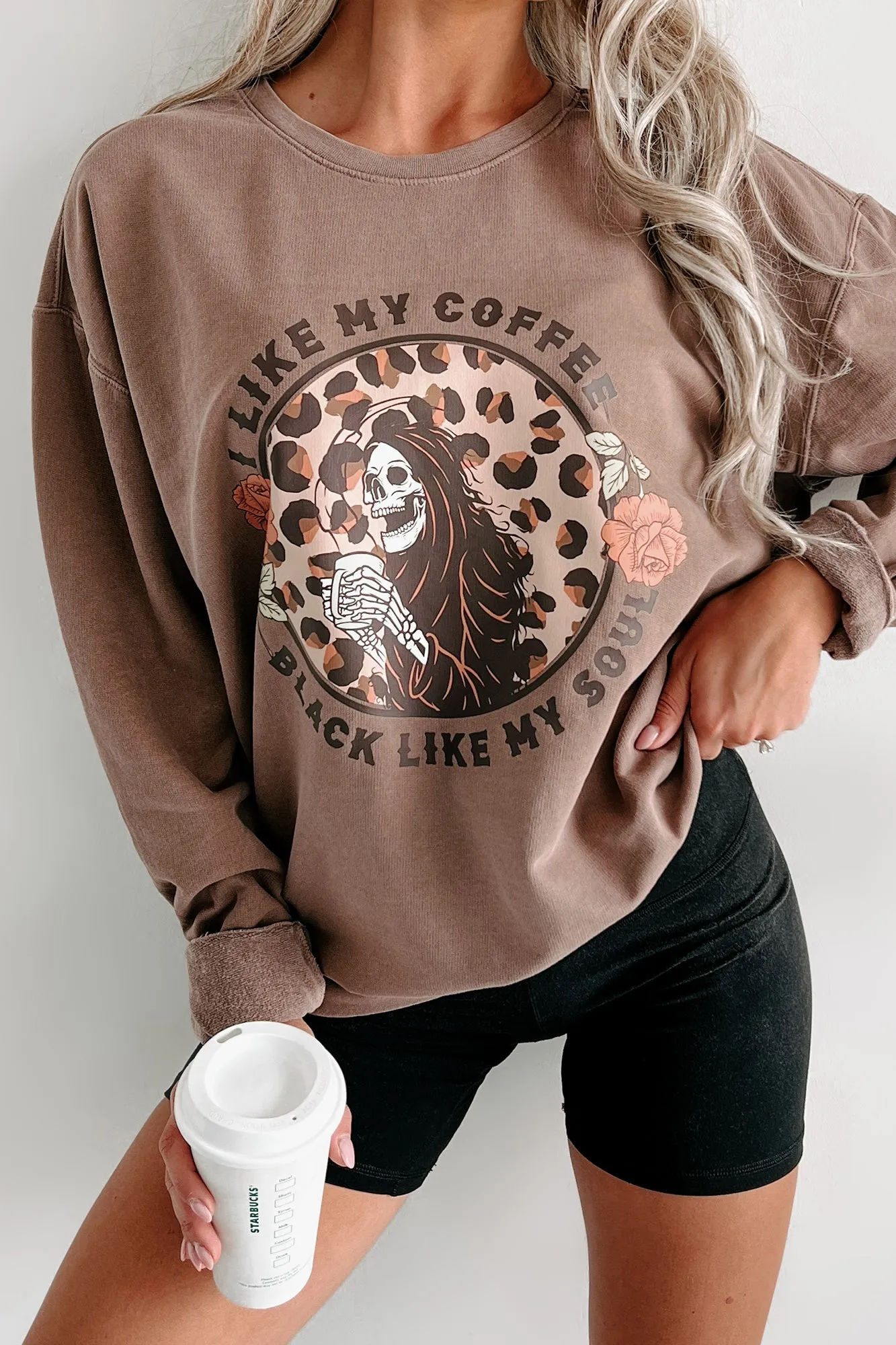 "Coffee, Black Like My Soul" Lightweight Graphic Crewneck (Espresso) - Print On Demand