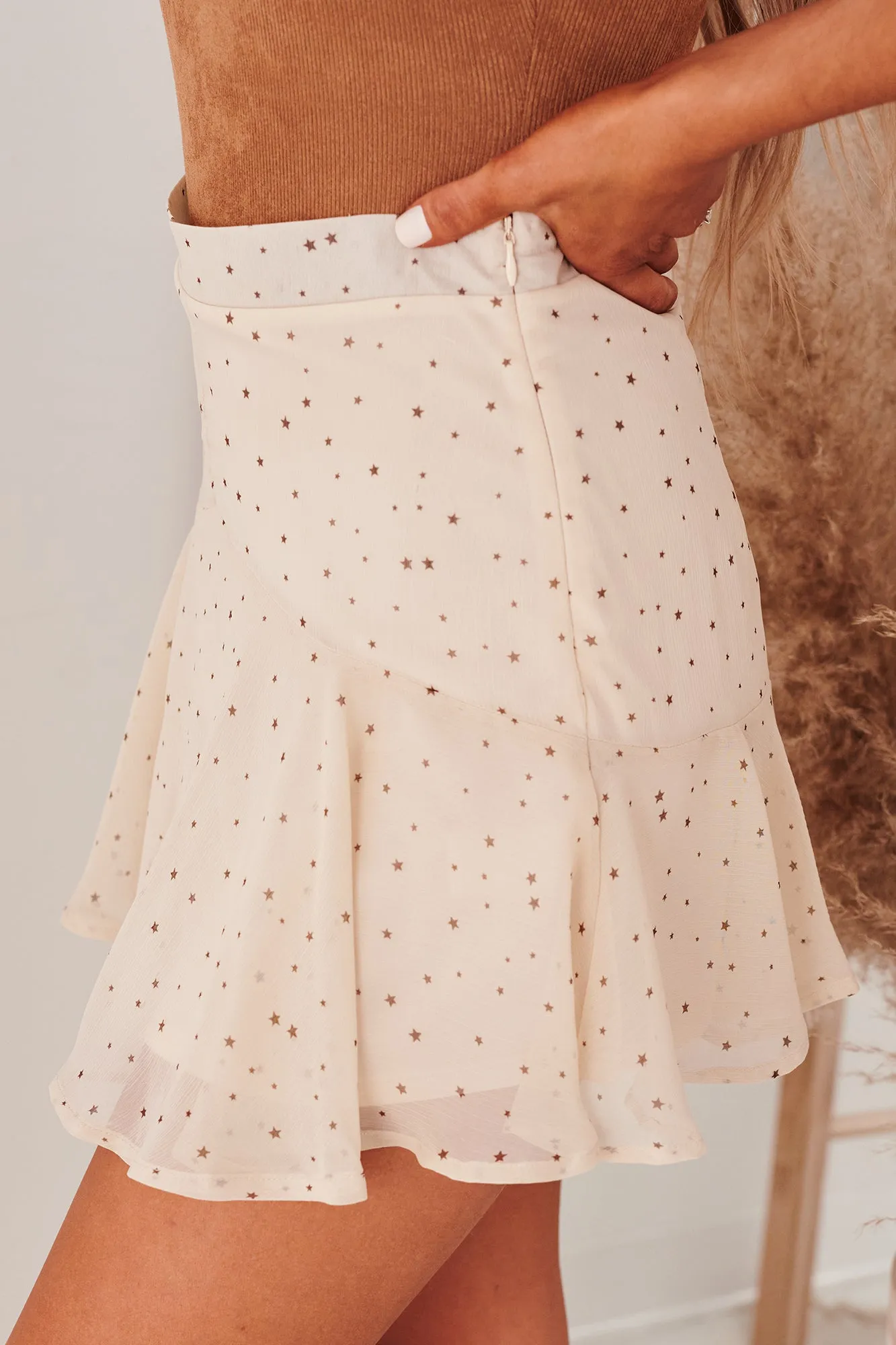 "Land Among Stars" Flounce Skirt (Taupe Brown Star)