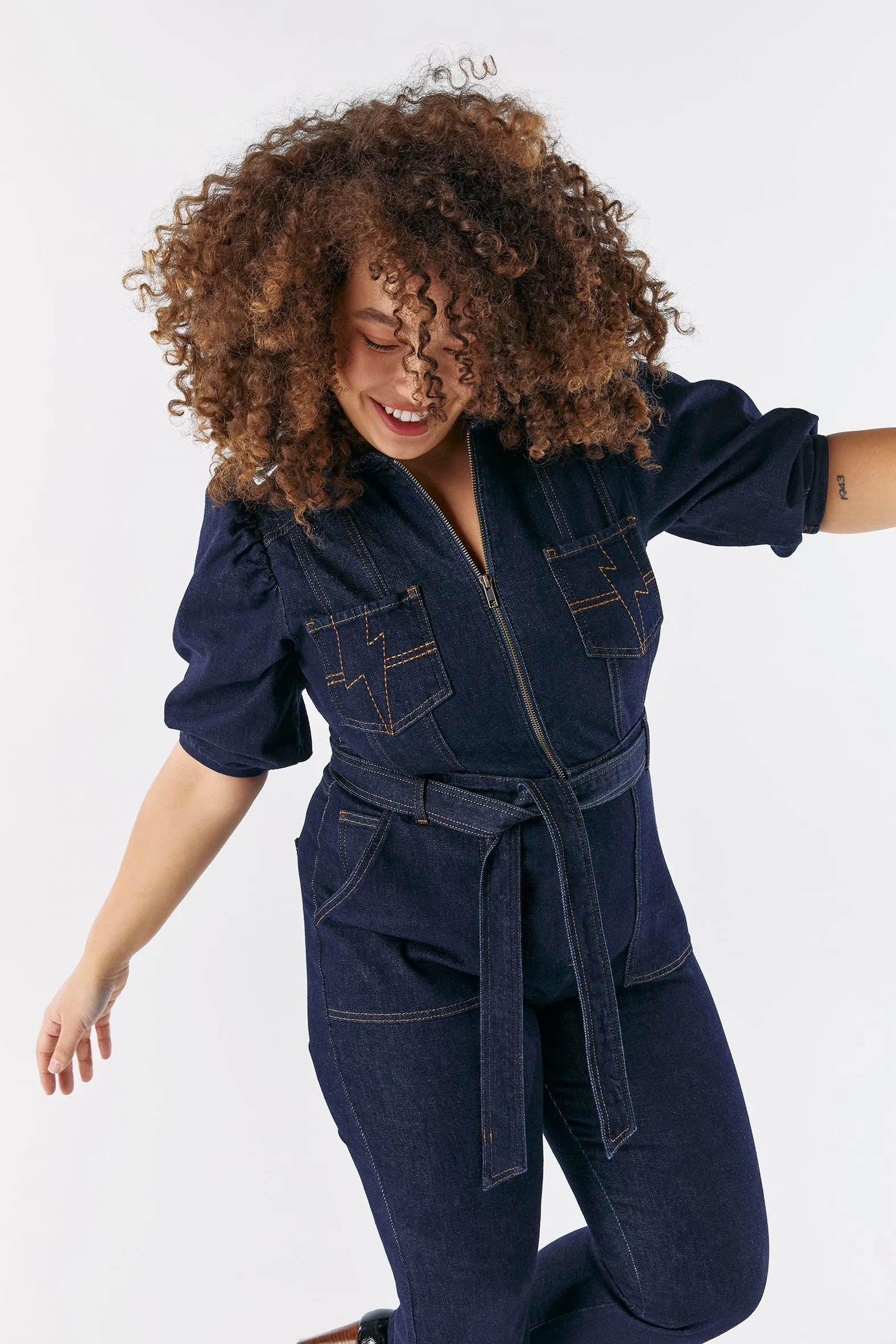 Rinse Wash Denim Flared Leg Jumpsuit