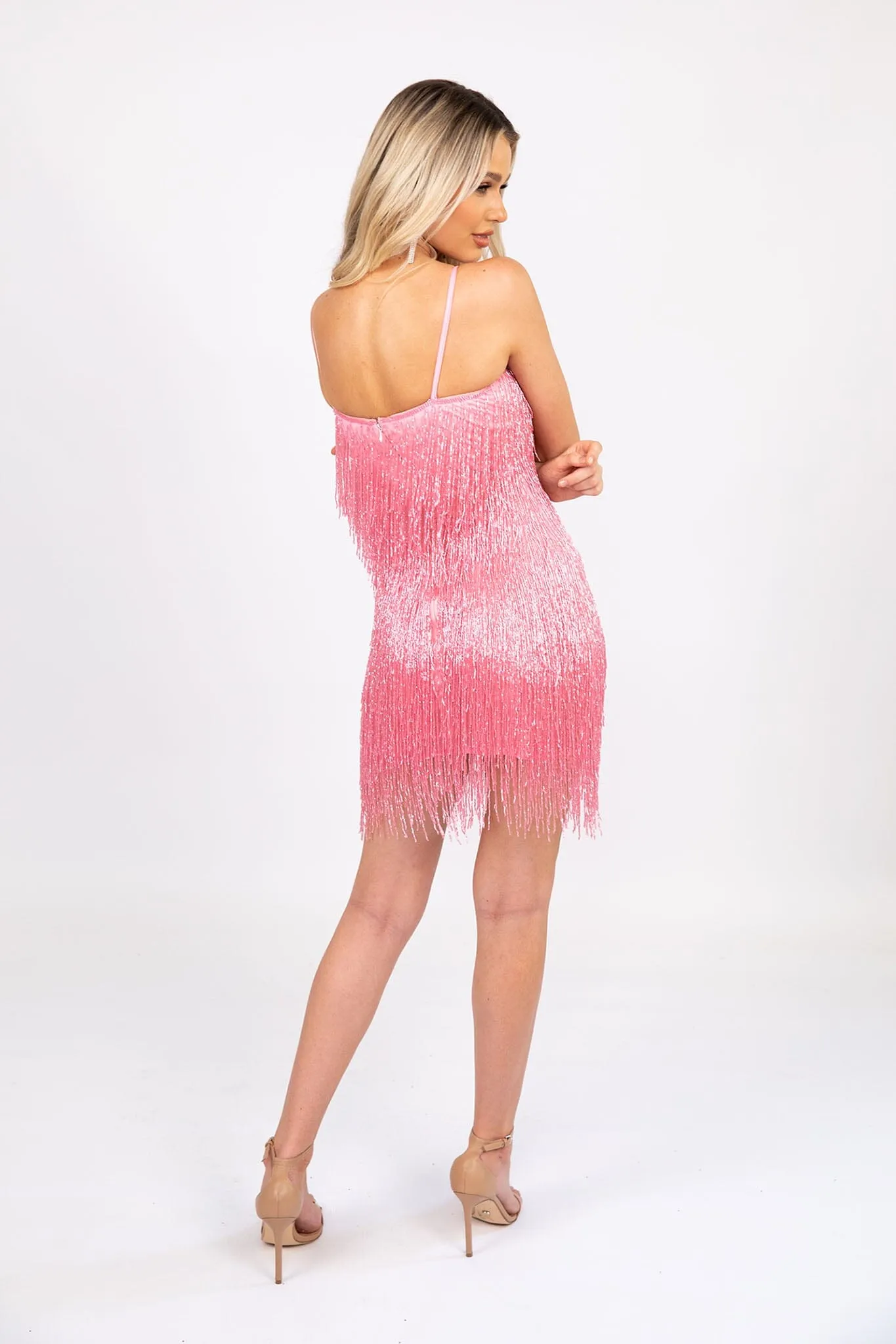 Salma Beaded Fringe Mini Dress - Pink