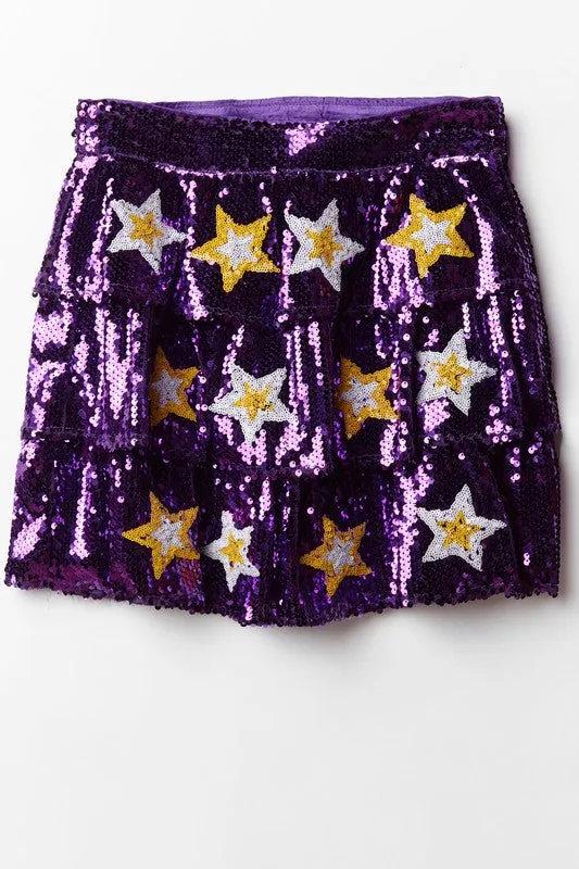 SEQUIN STAR TIERED SKIRT | PURPLE & GOLD