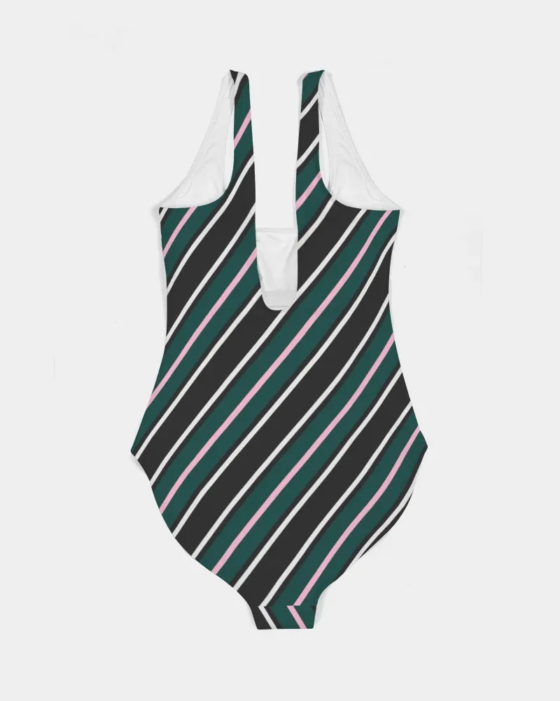 SMF Green Wide Stripe Feminine One-Piece Swimsuit