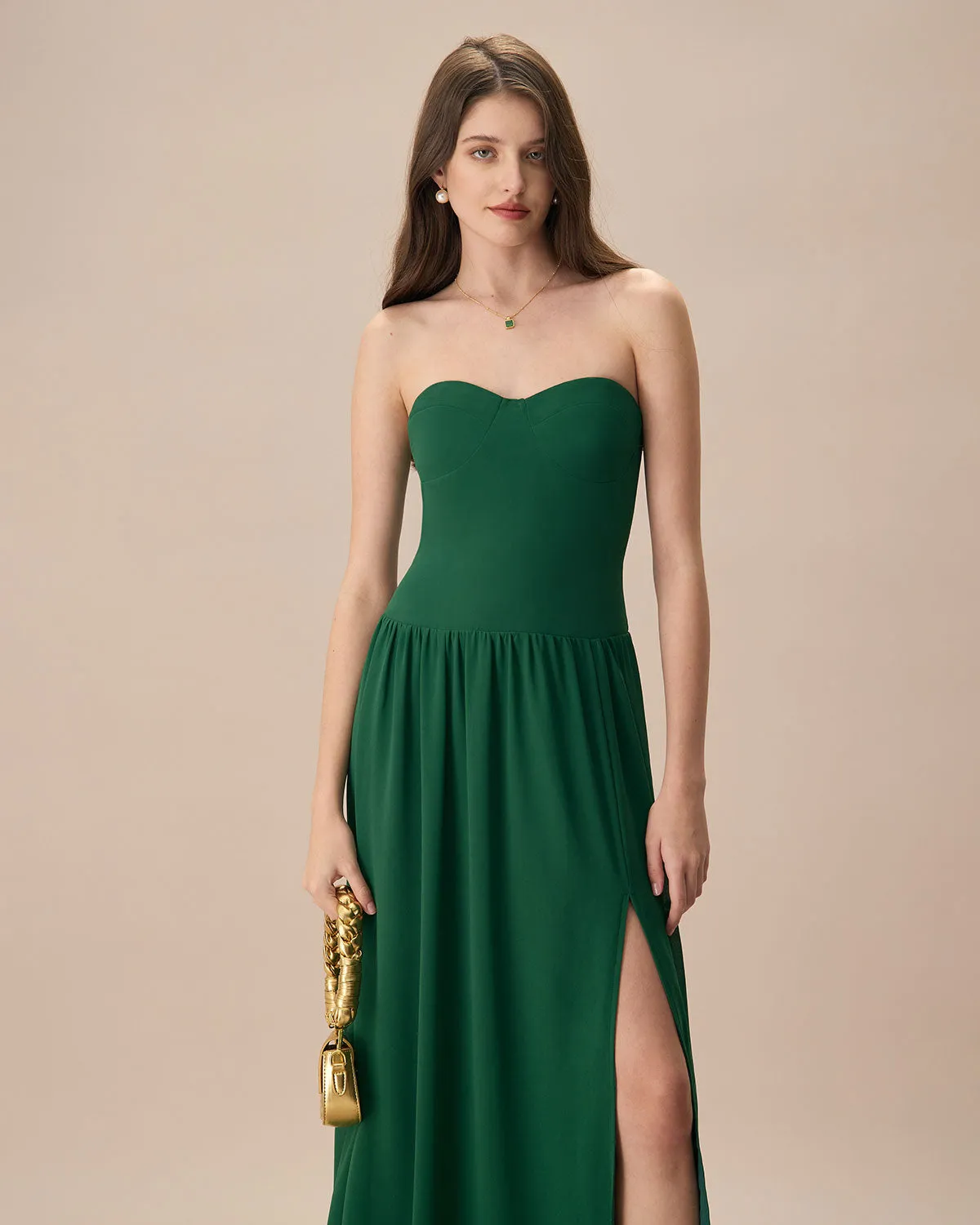 The Green Sweetheart Neck Ruched Maxi Dress