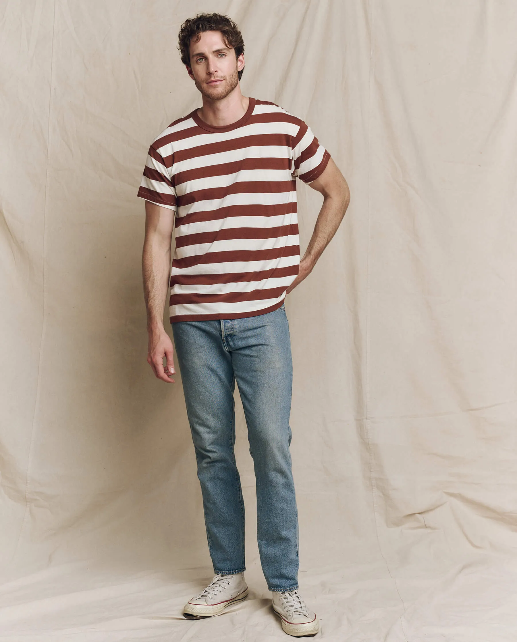 The Men's Boxy Crew. Solid -- Cognac Stripe