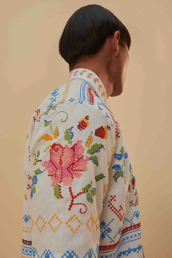 Tropical Cross Stitch Embroidered Shirt