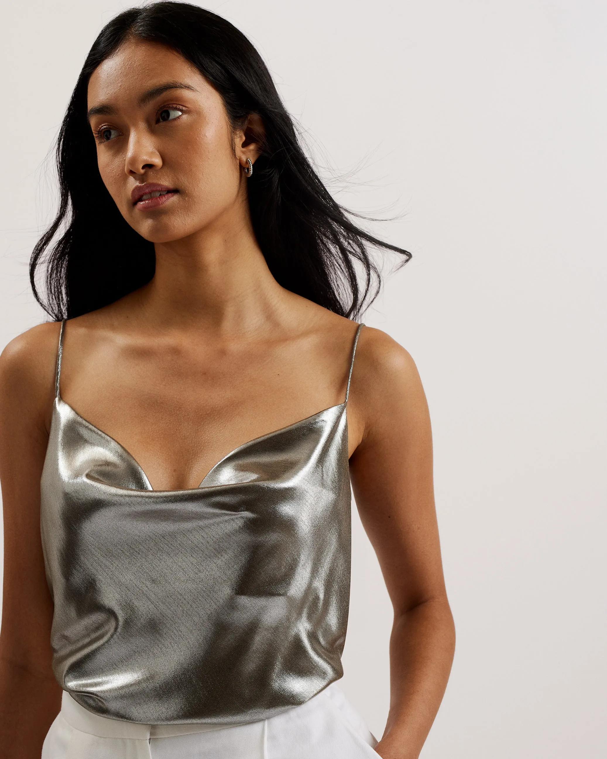 Trouloi Cowl Neck Lurex Cami Top Silver