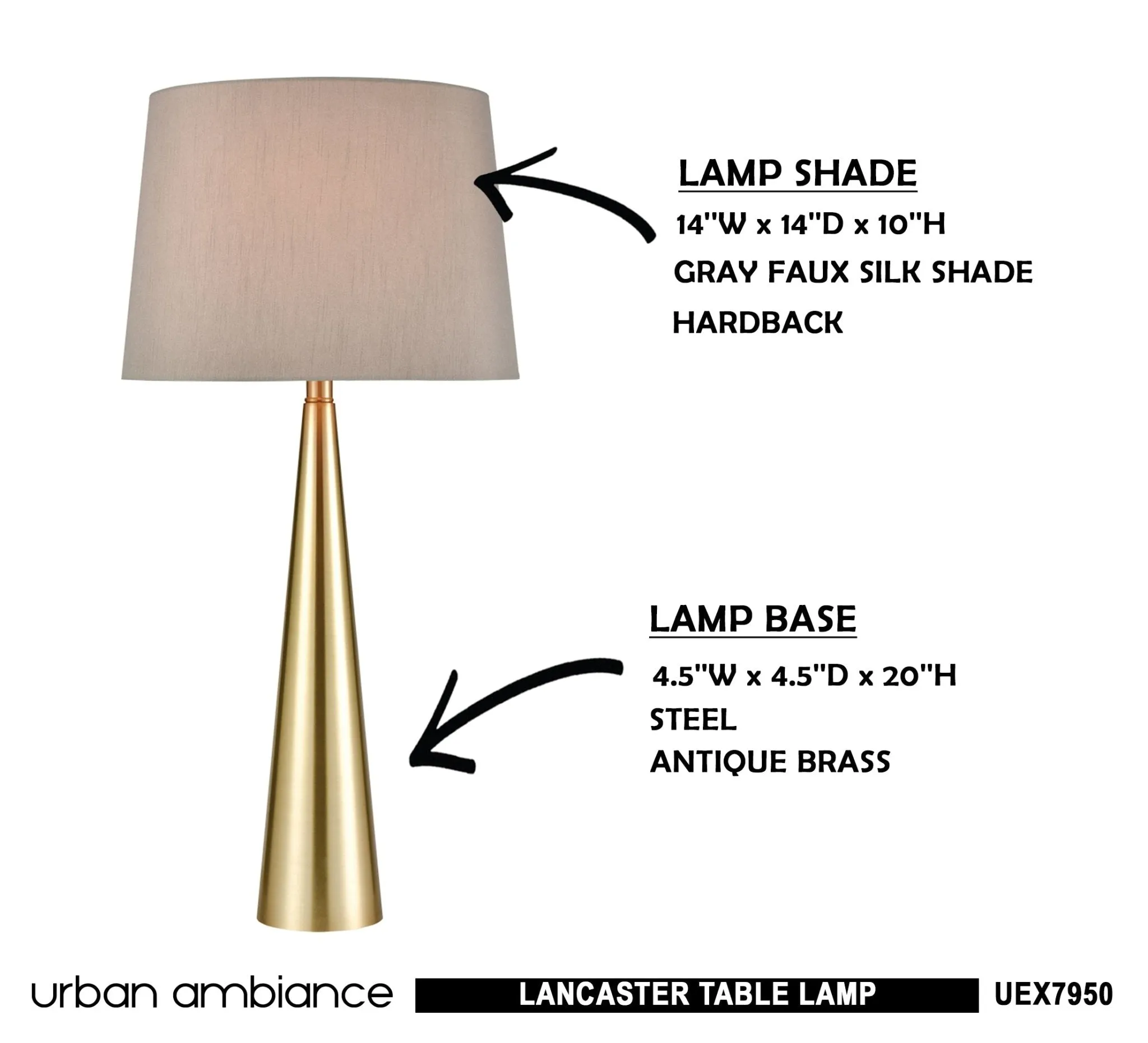 UEX7950 Mid-Century Modern Table Lamp 14''W x 14''D x 30''H, Antique Brass Finish, Lancaster Collection