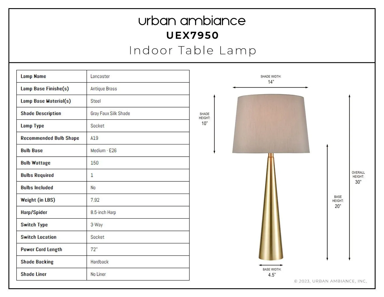 UEX7950 Mid-Century Modern Table Lamp 14''W x 14''D x 30''H, Antique Brass Finish, Lancaster Collection