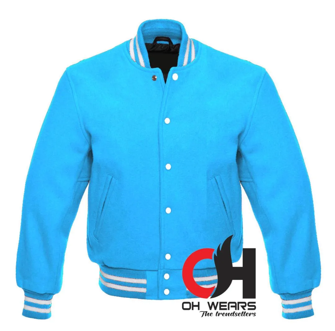 Unisex Light Blue Full Wool Varsity jacket with White Ribs