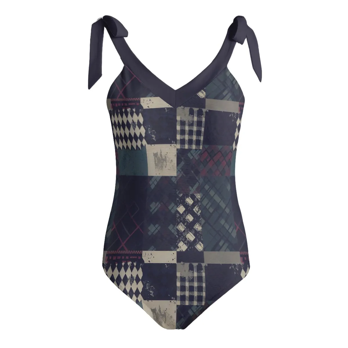 Vampire Art Grunge Patchwork Women's Tie Shoulder One-piece Padded Swimsuit - Argyle