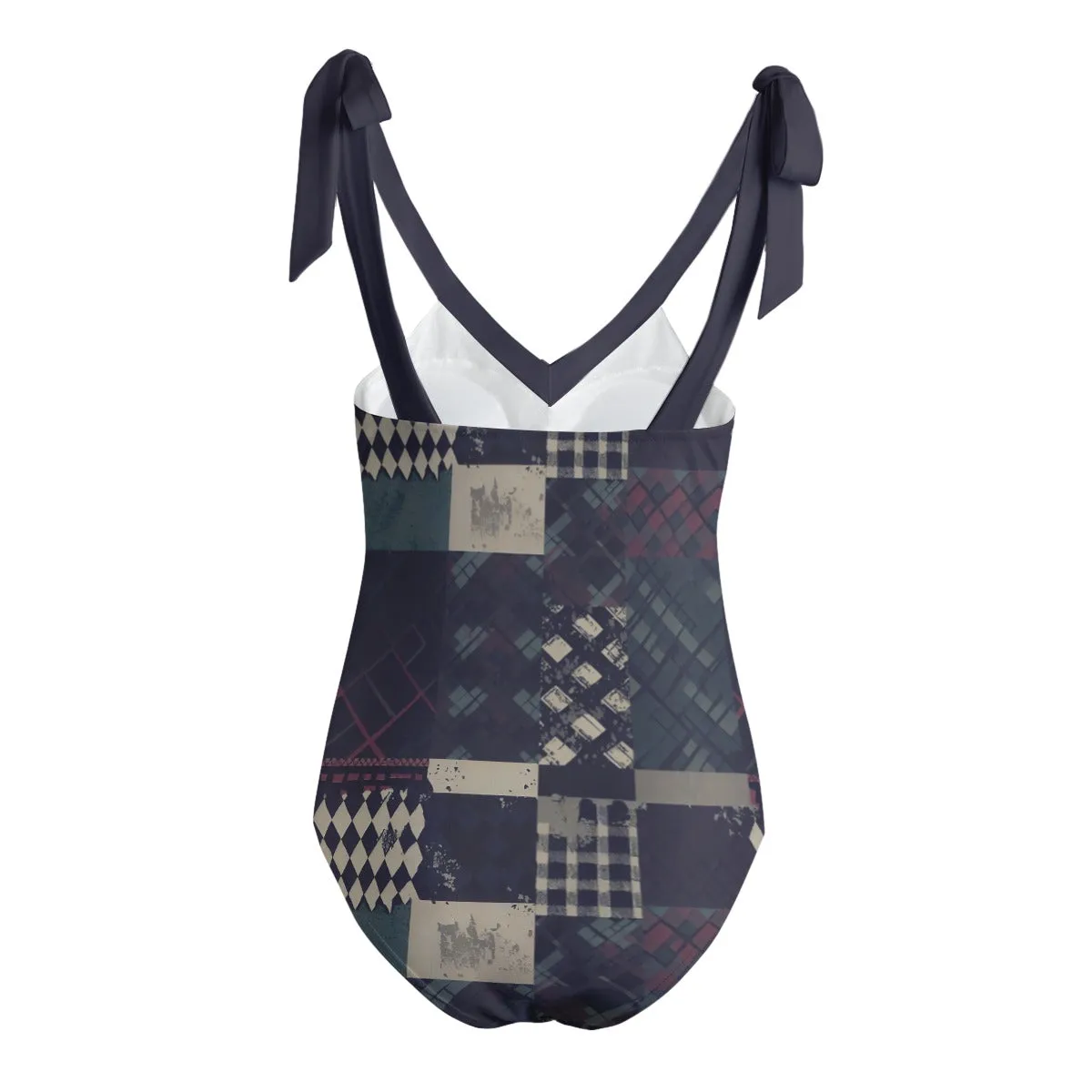 Vampire Art Grunge Patchwork Women's Tie Shoulder One-piece Padded Swimsuit - Argyle