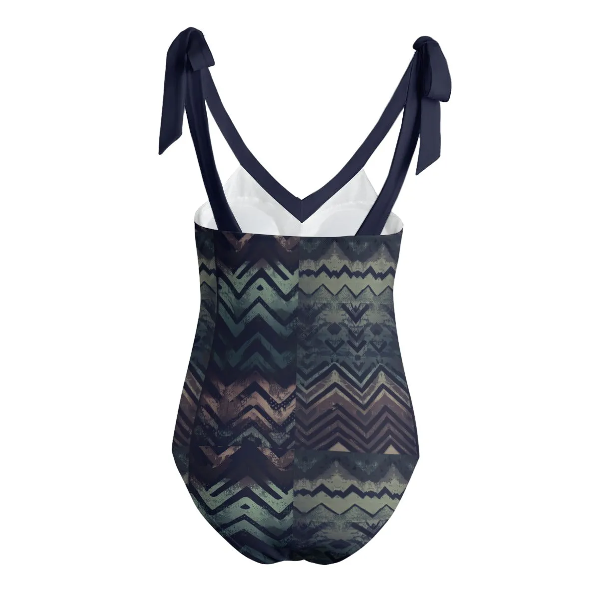 Vampire Art Grunge Patchwork Women's Tie Shoulder One-piece Padded Swimsuit - Herringbone in Green and Brown