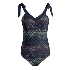 Vampire Art Grunge Patchwork Women's Tie Shoulder One-piece Padded Swimsuit - Herringbone in Green and Brown