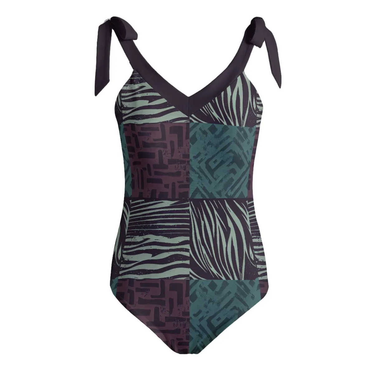 Vampire Art Grunge Patchwork Women's Tie Shoulder One-piece Padded Swimsuit - Zebra