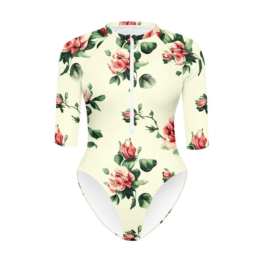 Vampire Art Half-sleeve Zipper Swimsuit - Retro Roses