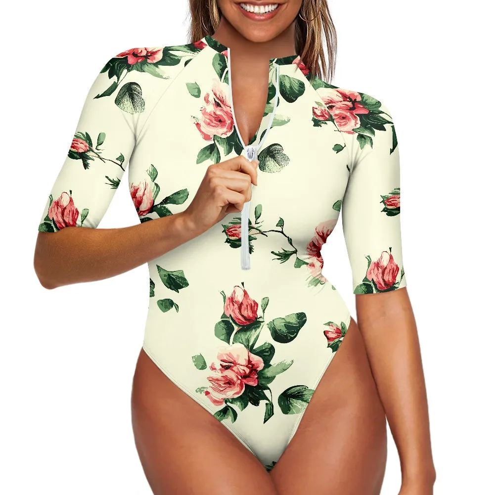 Vampire Art Half-sleeve Zipper Swimsuit - Retro Roses