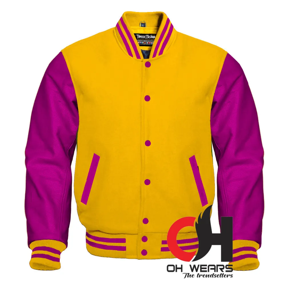 Varsity Letterman Baseball Bomber Yellow Wool and Genuine Purple Leather Sleeves Jacket Varsity Men's Women's Kid's Letterman college jackets