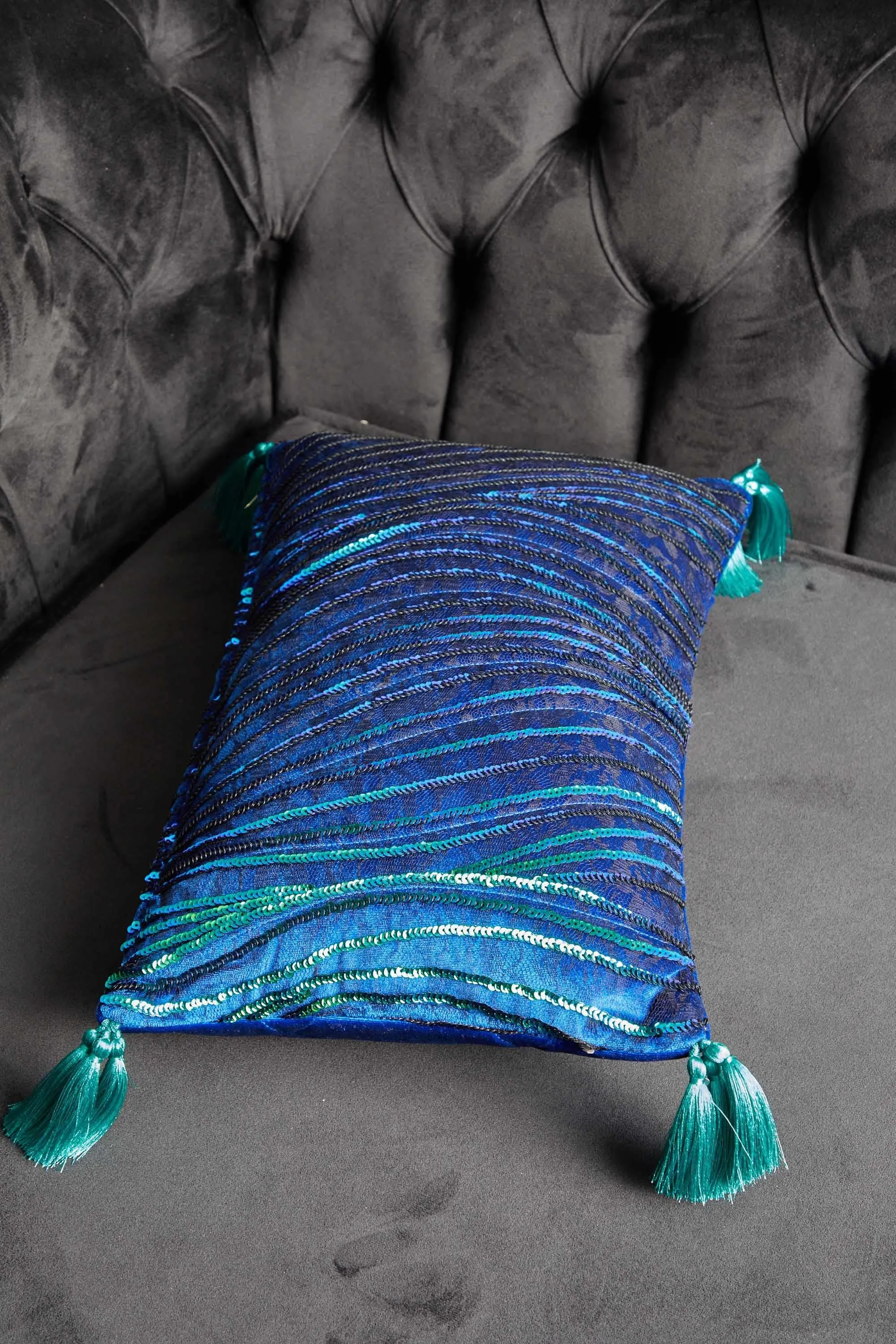 Velvet Throw Pillow Cover with Sequins and Tassels, 20x12 Inches Nicely Designed Decorative Pillow Cover for Couch and Sofa,K-331