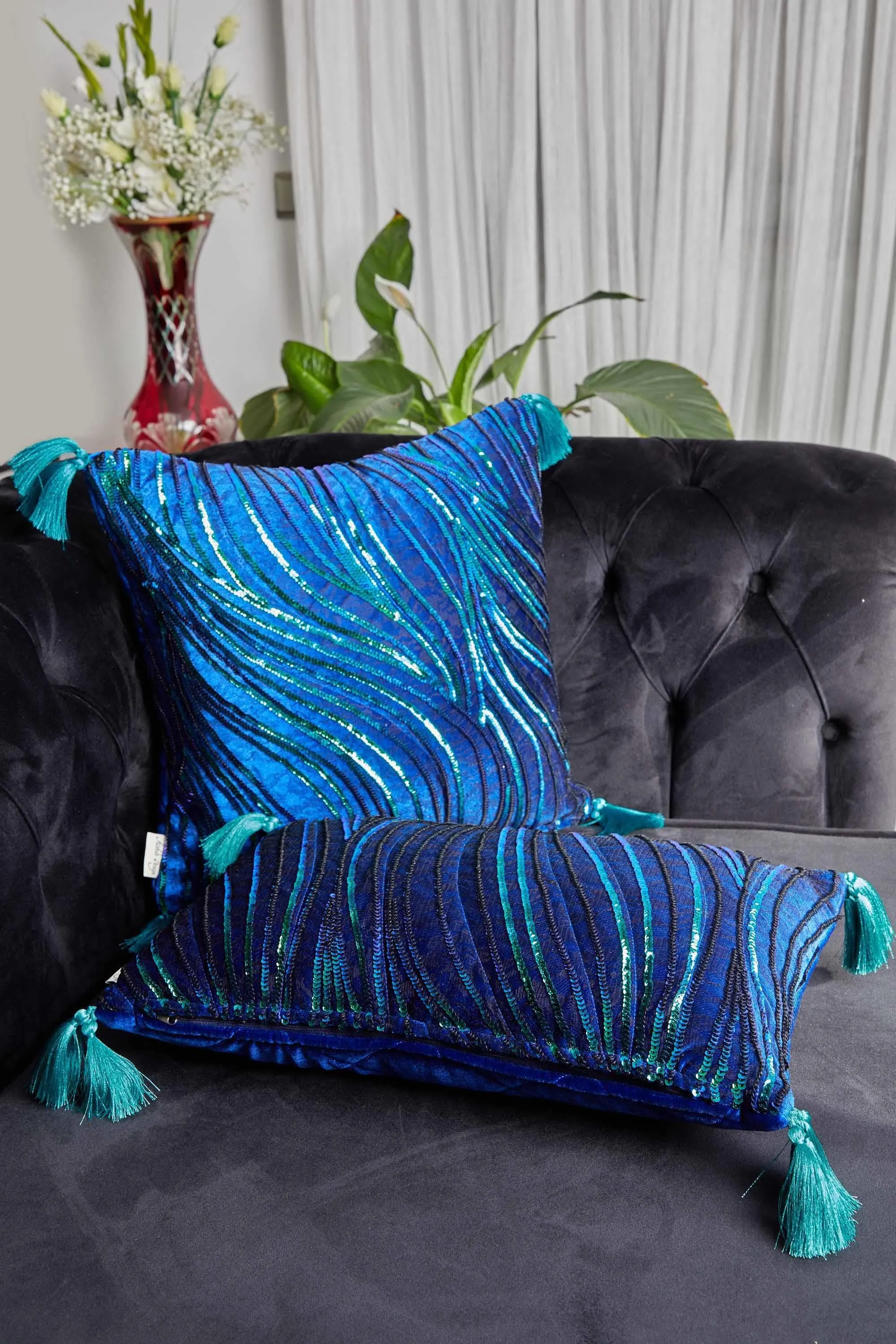 Velvet Throw Pillow Cover with Sequins and Tassels, 20x12 Inches Nicely Designed Decorative Pillow Cover for Couch and Sofa,K-331