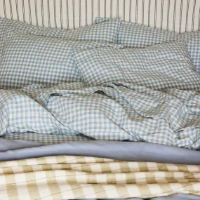 Warm Blue Gingham Linen Blend Pillowcase (Pair)