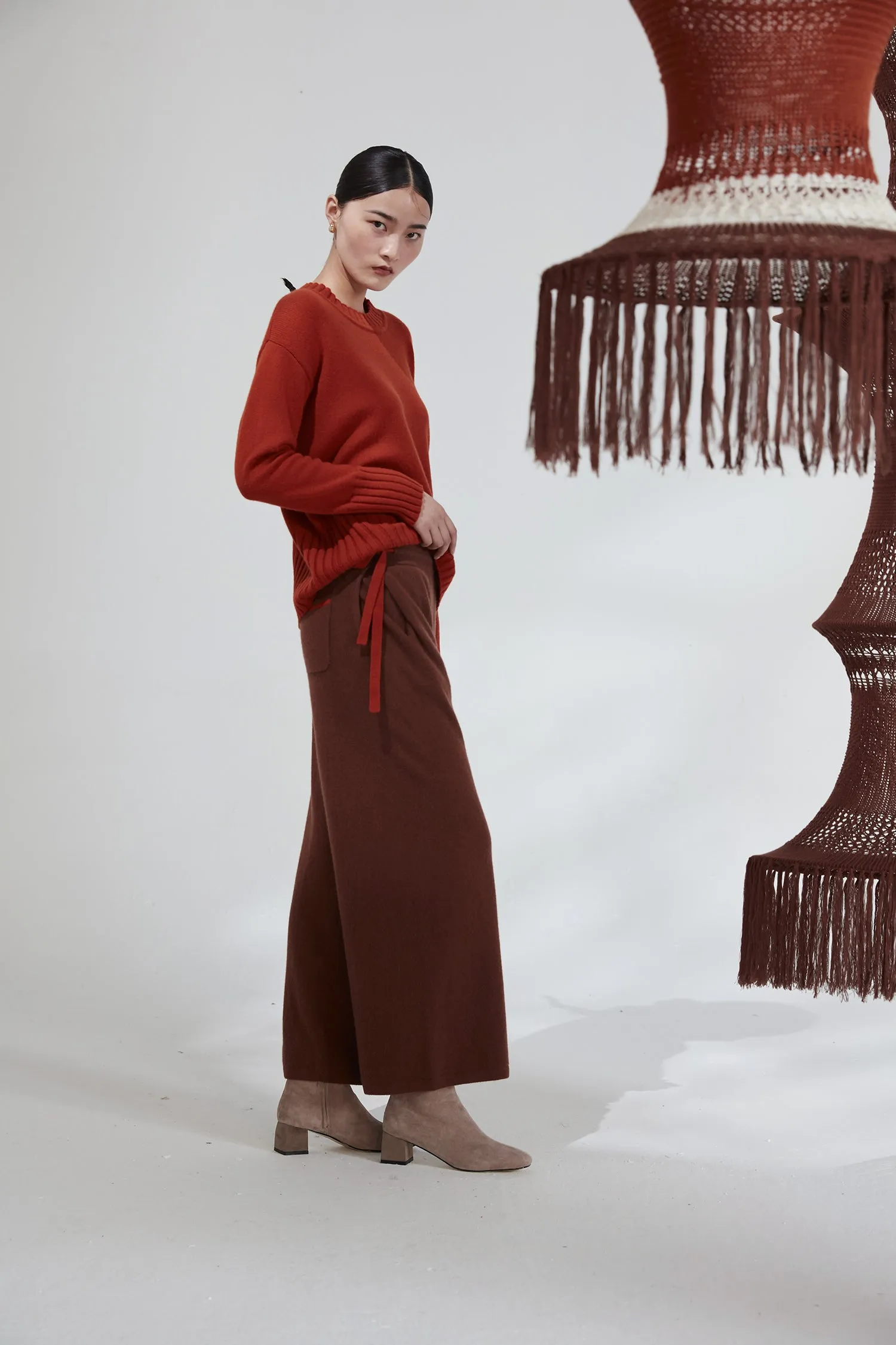 Wide-leg 100% cashmere cropped trousers