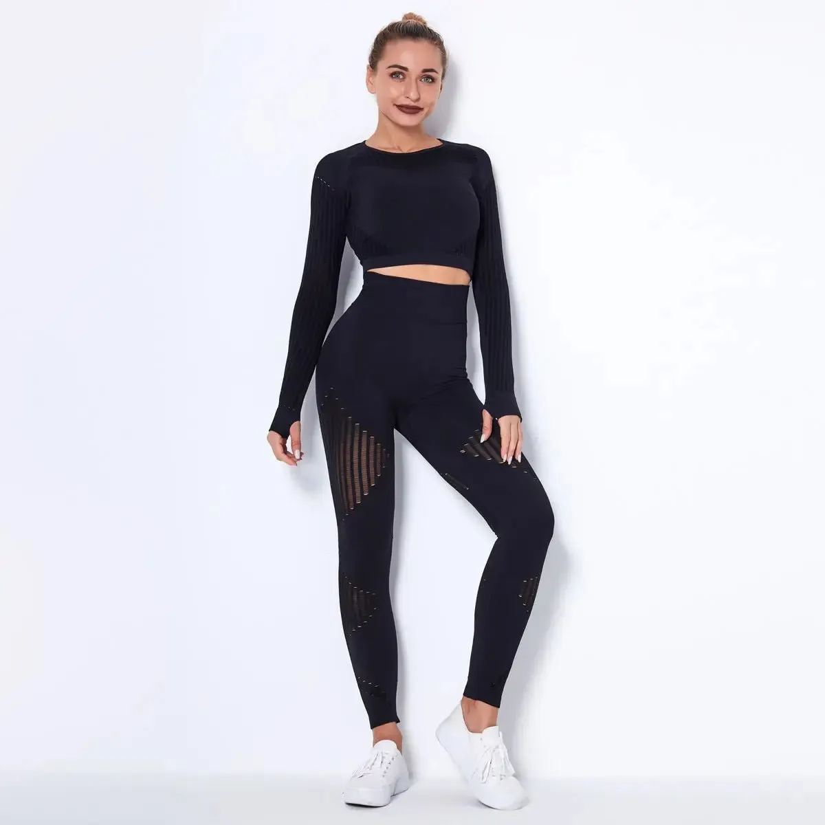 Women High waist Fitness Leggings Sport Set Tracksuit Workout Long Sleeve Seamless Yoga Clothes